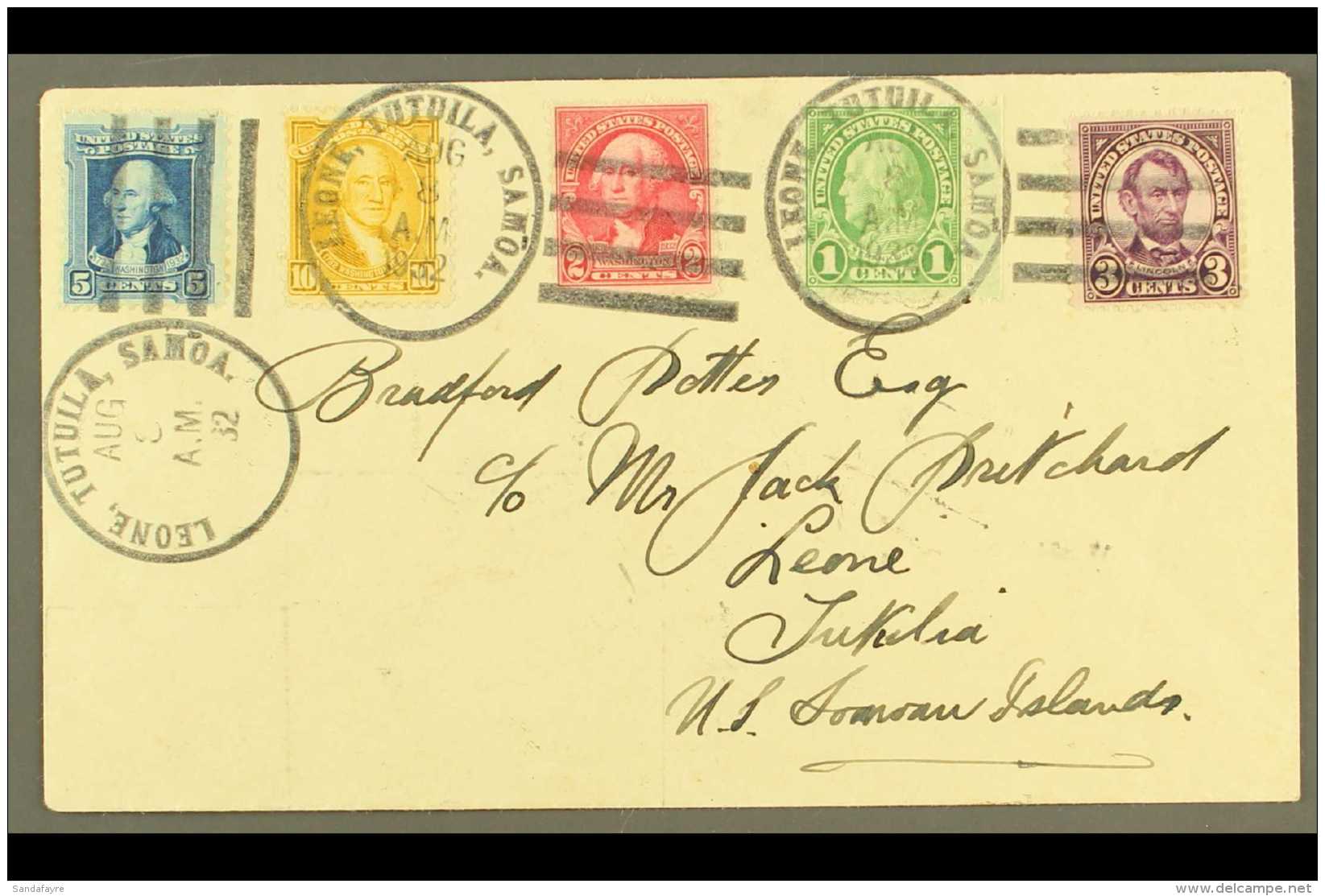 AMERICAN SAMOA 1932 FIVE COLOUR FRANKING Cover Postmarked "LEONE, TUTUILA, SAMOA" Addressed Locally. Eye-catching!... - Autres & Non Classés