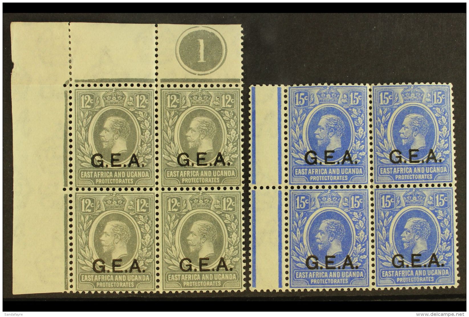 1921 12c Grey "G.E.A." Opt, SG 63, Upper Left Corner PLATE '1' BLOCK Of 4 Fine Mint (all Stamps NHM) And 15c... - Tanganyika (...-1932)