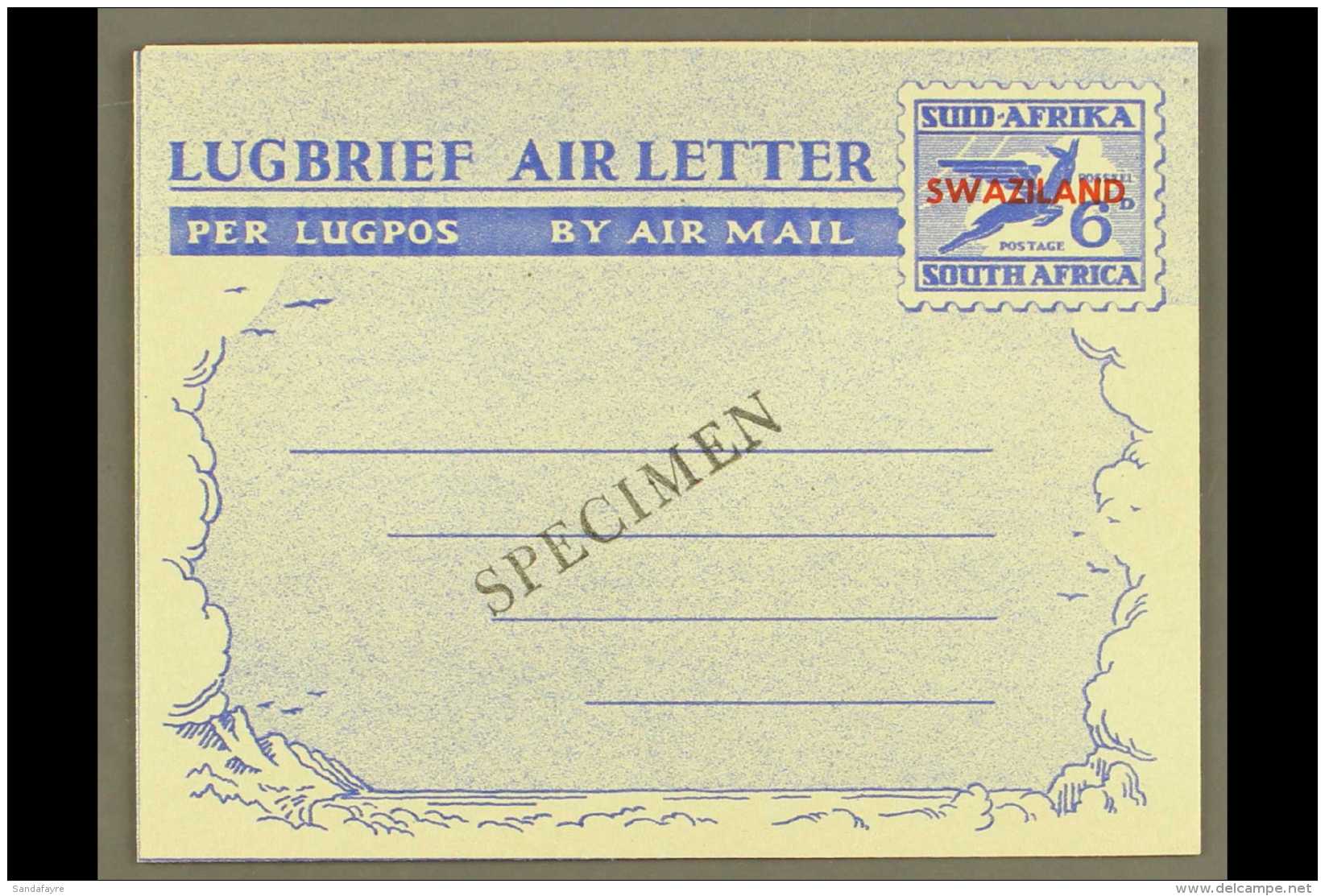 1951 "SPECIMEN" AIR LETTER 6d Ultramarine On Pale Greenish White, Afrikaans First, H&amp;G 13, Kessler 15s,... - Swaziland (...-1967)