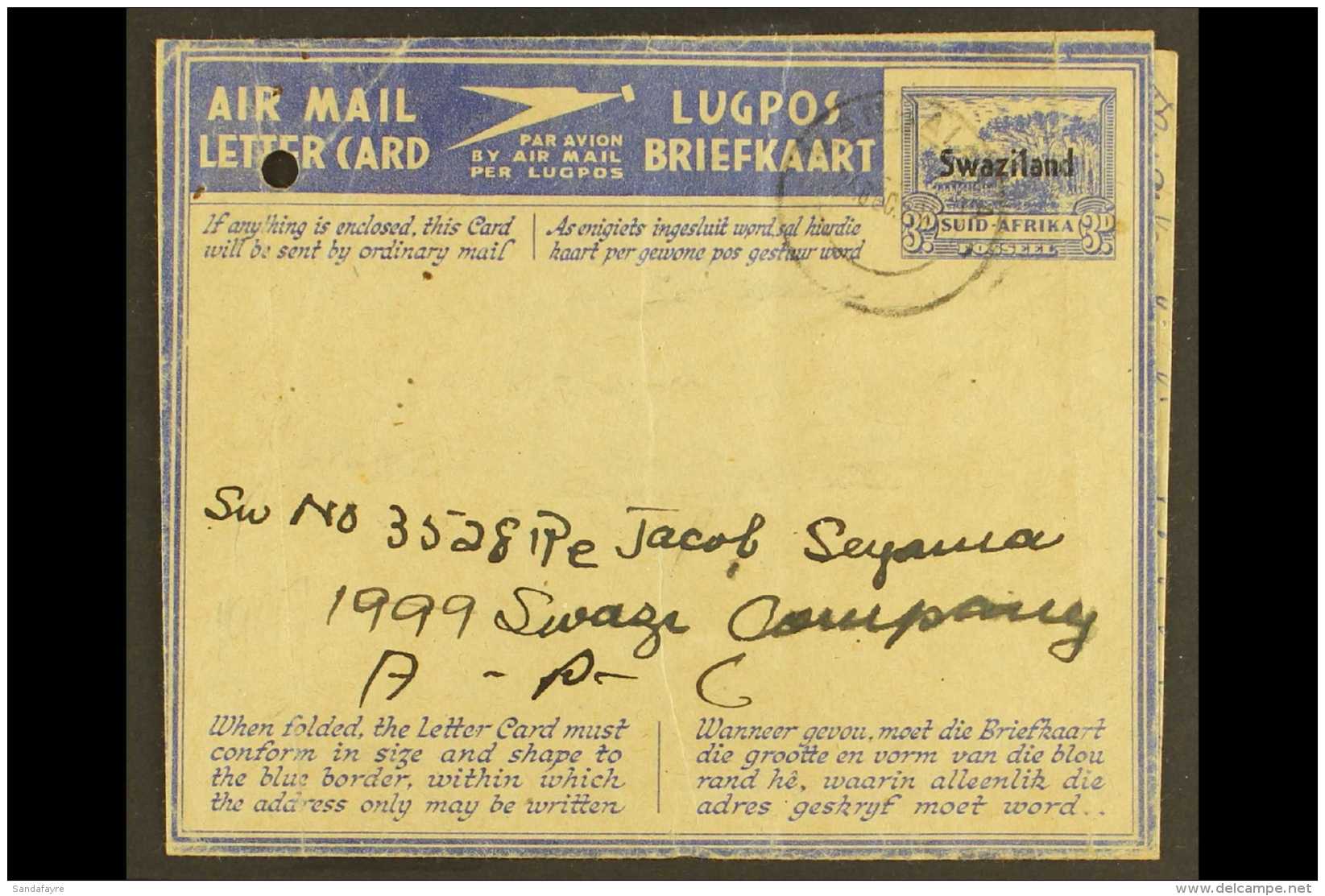 1944 (Dec) 3d Ultramarine On Buff Aerogramme With Black "SWAZILAND" Overprint, H&amp;G FG3, Sent To A Private In... - Swaziland (...-1967)
