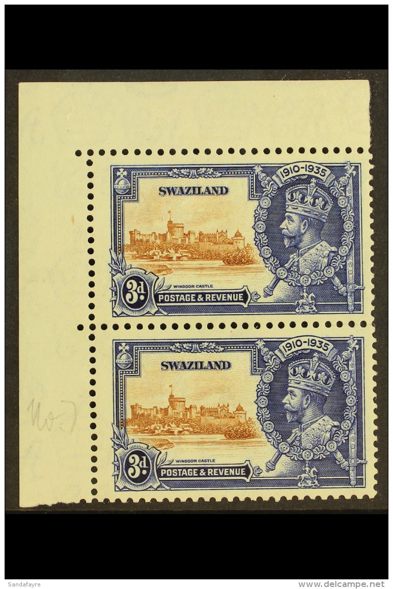 1935 3d Brown And Deep Blue Silver Jubilee, Top Corner Pair, Showing Variety "short Extra Flagstaff", SG 23b, Very... - Swaziland (...-1967)