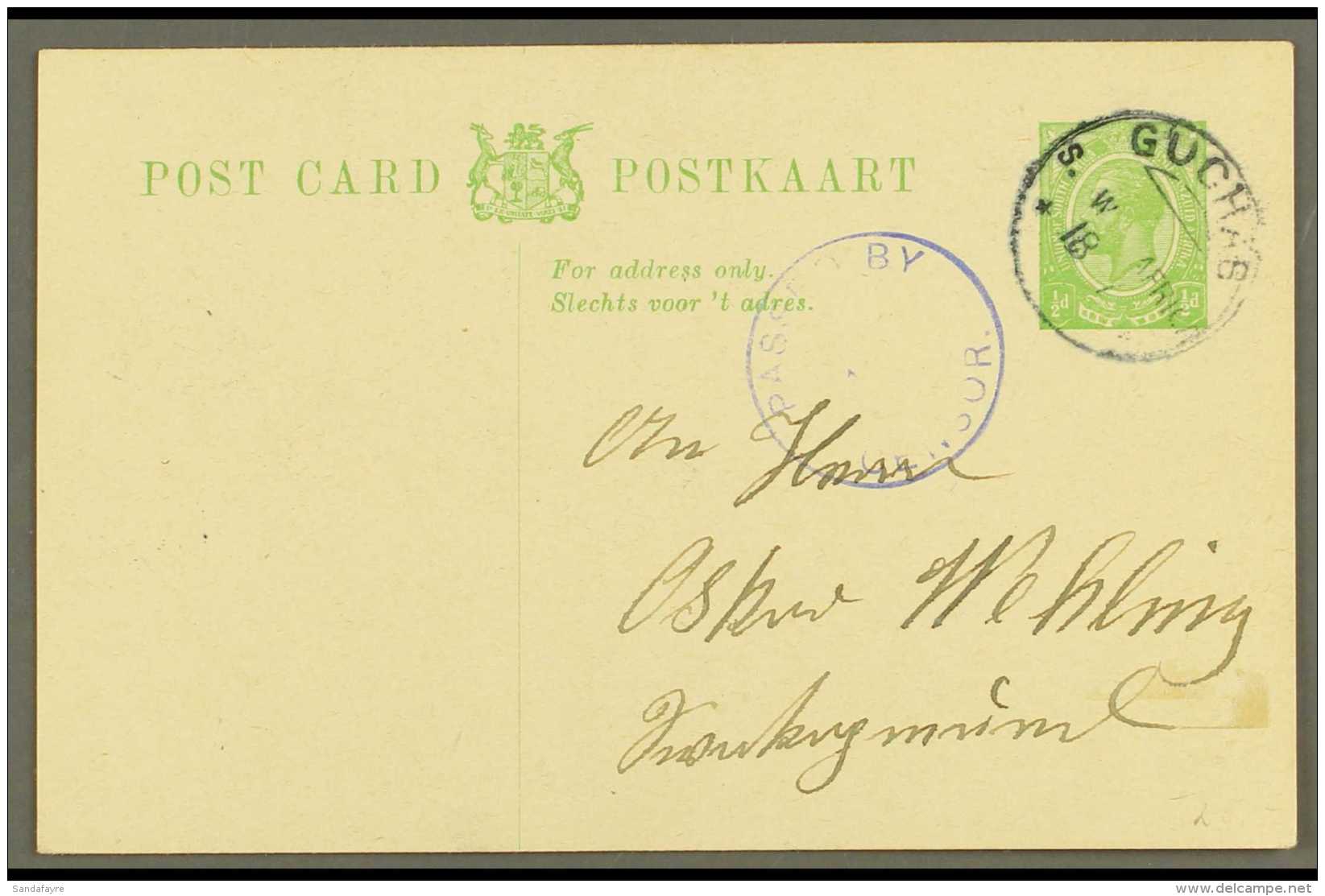 1917 (18 Jul) &frac12;d Union Postal Card To Swakopmund Postmarked By Fine "GUCHAB" Converted German  Cds... - South West Africa (1923-1990)