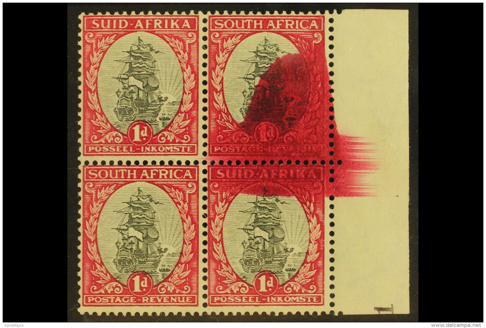 UNION VARIETY 1933-48 1d Grey &amp; Carmine, Watermark Upright, HUGE CARMINE INK FLAW, SG 56, Hinged On Margin,... - Zonder Classificatie