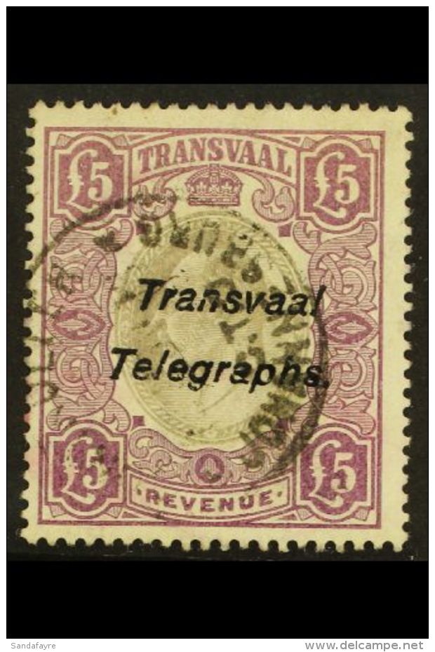 TRANSVAAL TELEGRAPHS 1903 "Transvaal Telegraphs" On &pound;5 Purple And Grey Revenue, FOURNIER FORGERY, As... - Zonder Classificatie