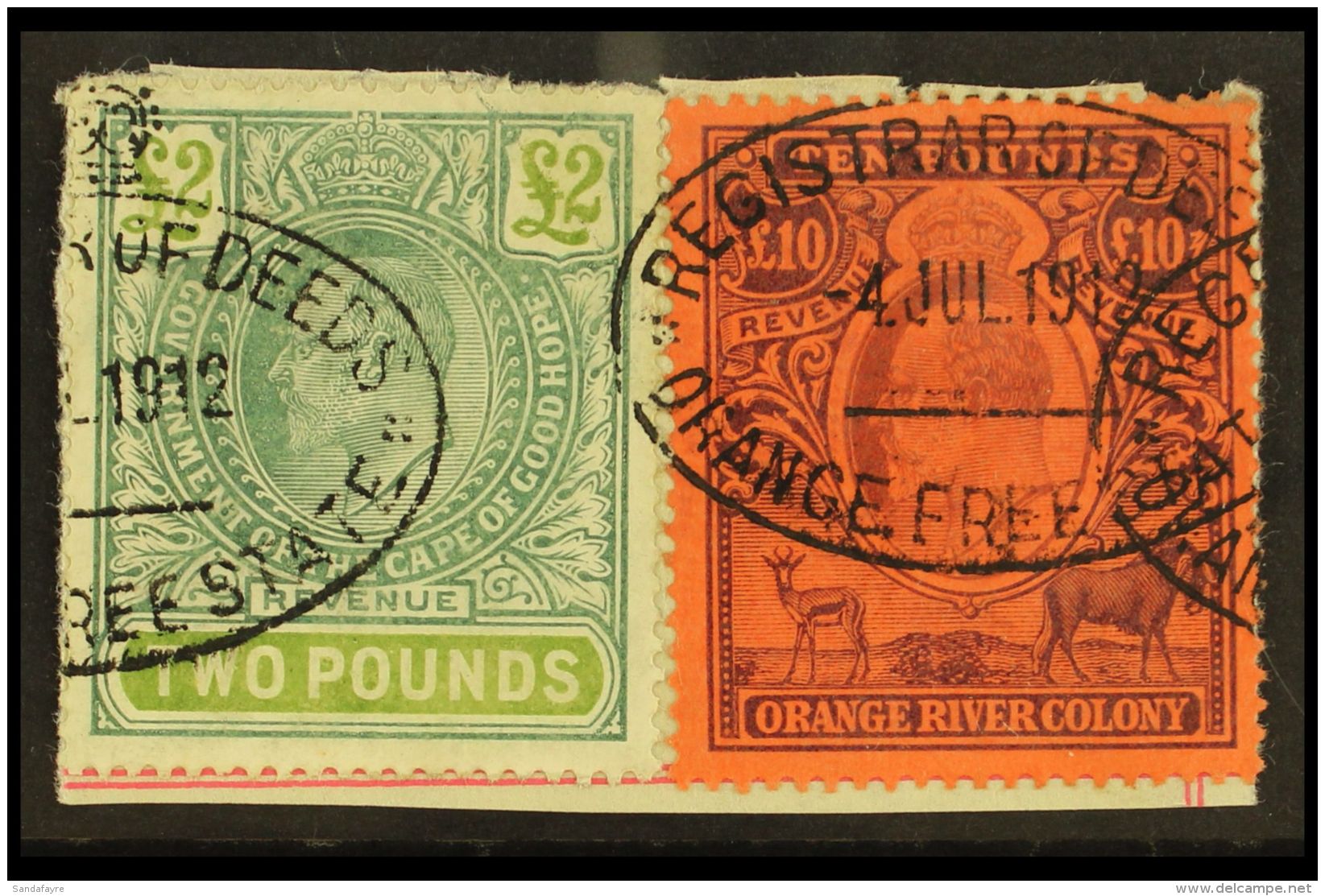 ORANGE RIVER COLONY REVENUES - INTERPROVINCIAL USE Piece Dated 4.7.12 With O.R.C. 1905 &pound;10 Brown &amp;... - Non Classés