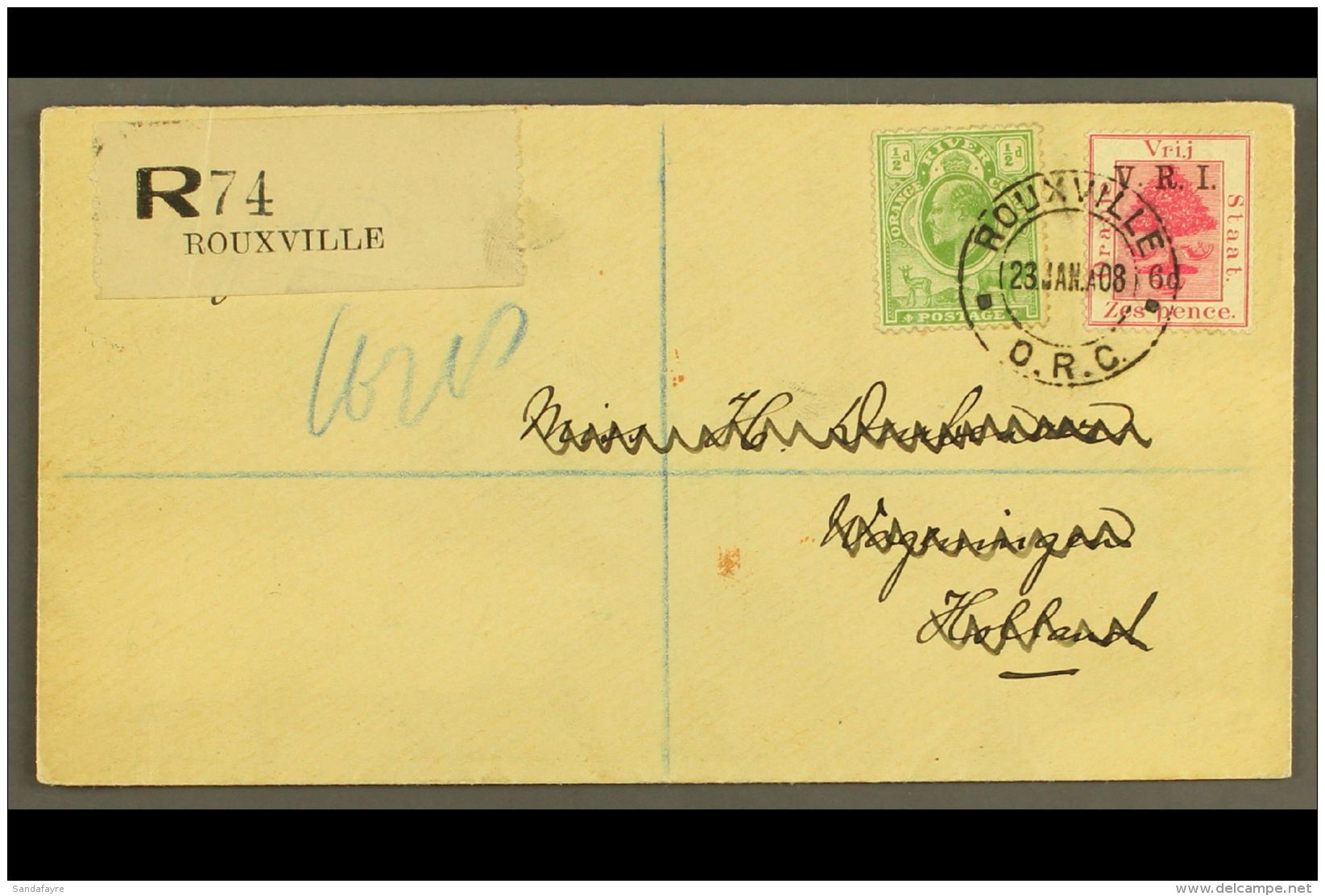 ORANGE RIVER COLONY 1908 Registered Cover From Rouxville To Holland (address Overwritten) Franked Ed VII &frac12;d... - Zonder Classificatie