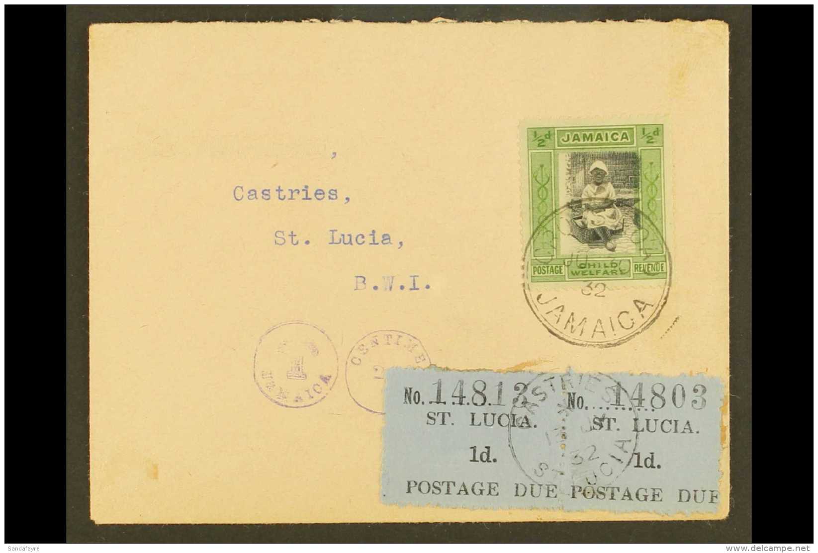 1932 (30 June) Cover From Jamaica To Castries Bearing &frac12;d+&frac12;d Child Welfare Tied By Cross Road Cds,... - St.Lucia (...-1978)