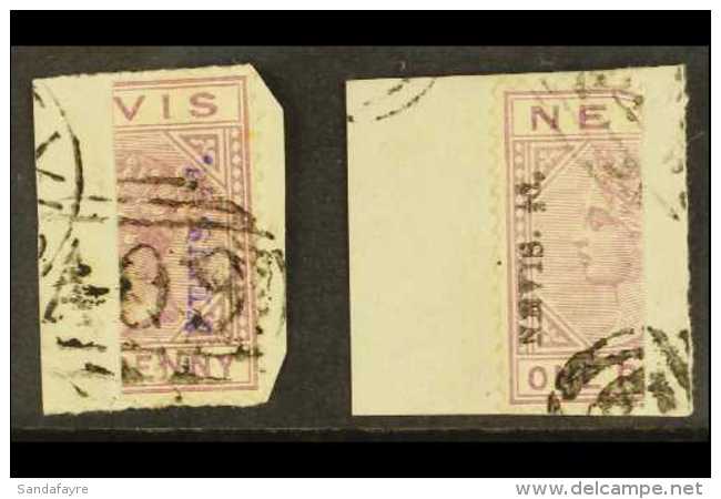 1883 &frac12;d On 1d Bisects Both Types Violet Or Black Surcharges, SG 35/6, Used On Pieces (2). For More Images,... - St.Christopher-Nevis-Anguilla (...-1980)
