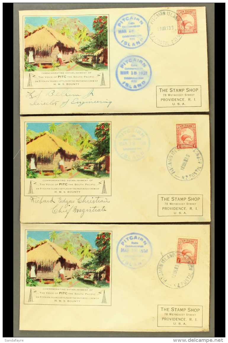 1938 Three Special Cacheted "Pitcairn Island / Radio Communication" Covers, Each Bearing New Zealand 1d Stamp Tied... - Pitcairn