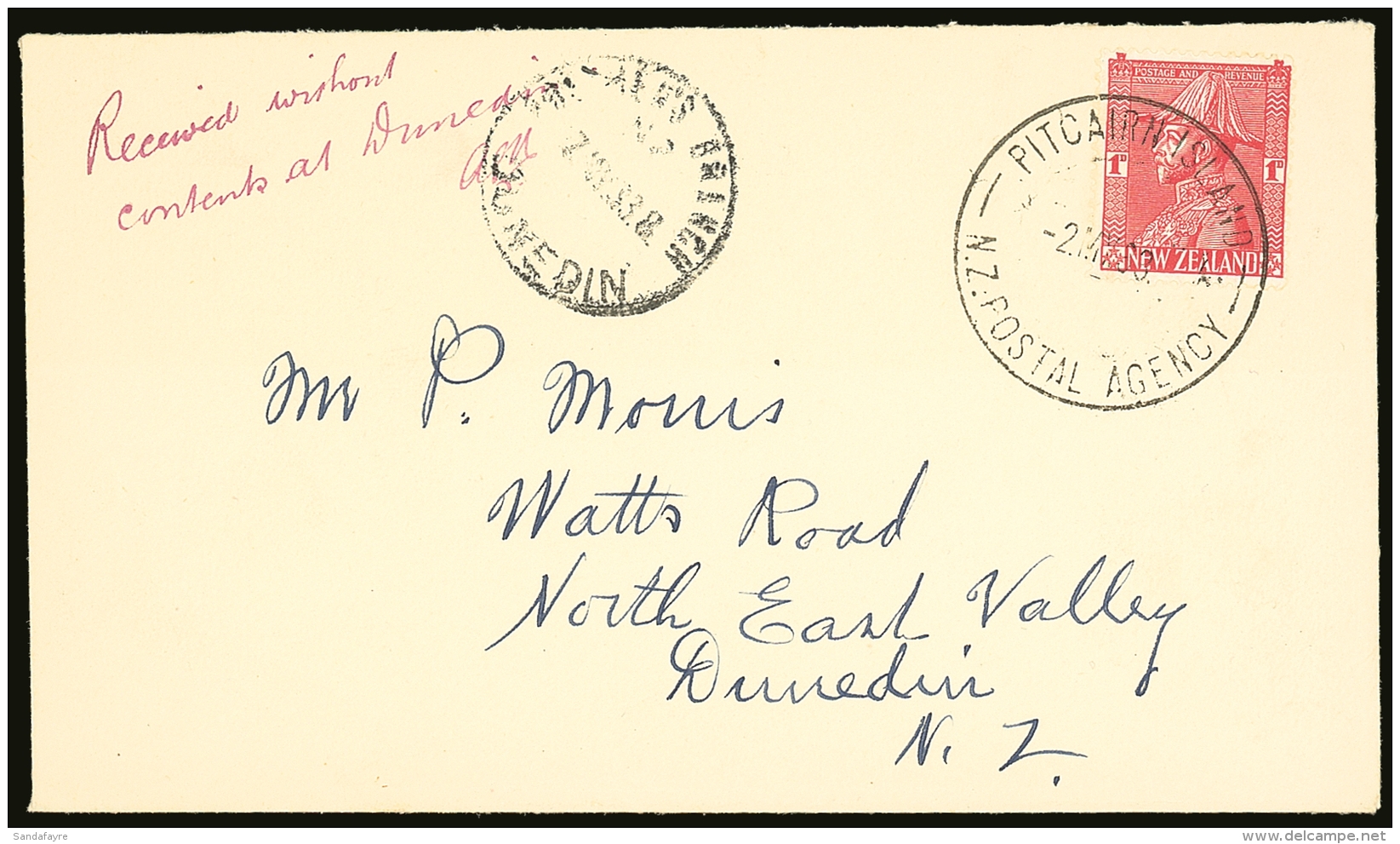 1933 (2 May) Env To Dunedin Bearing NZ 1d Admiral Tied Neat "PITCAIRN ISLAND / N.Z POSTAL AGENCY" Cds With The... - Pitcairn