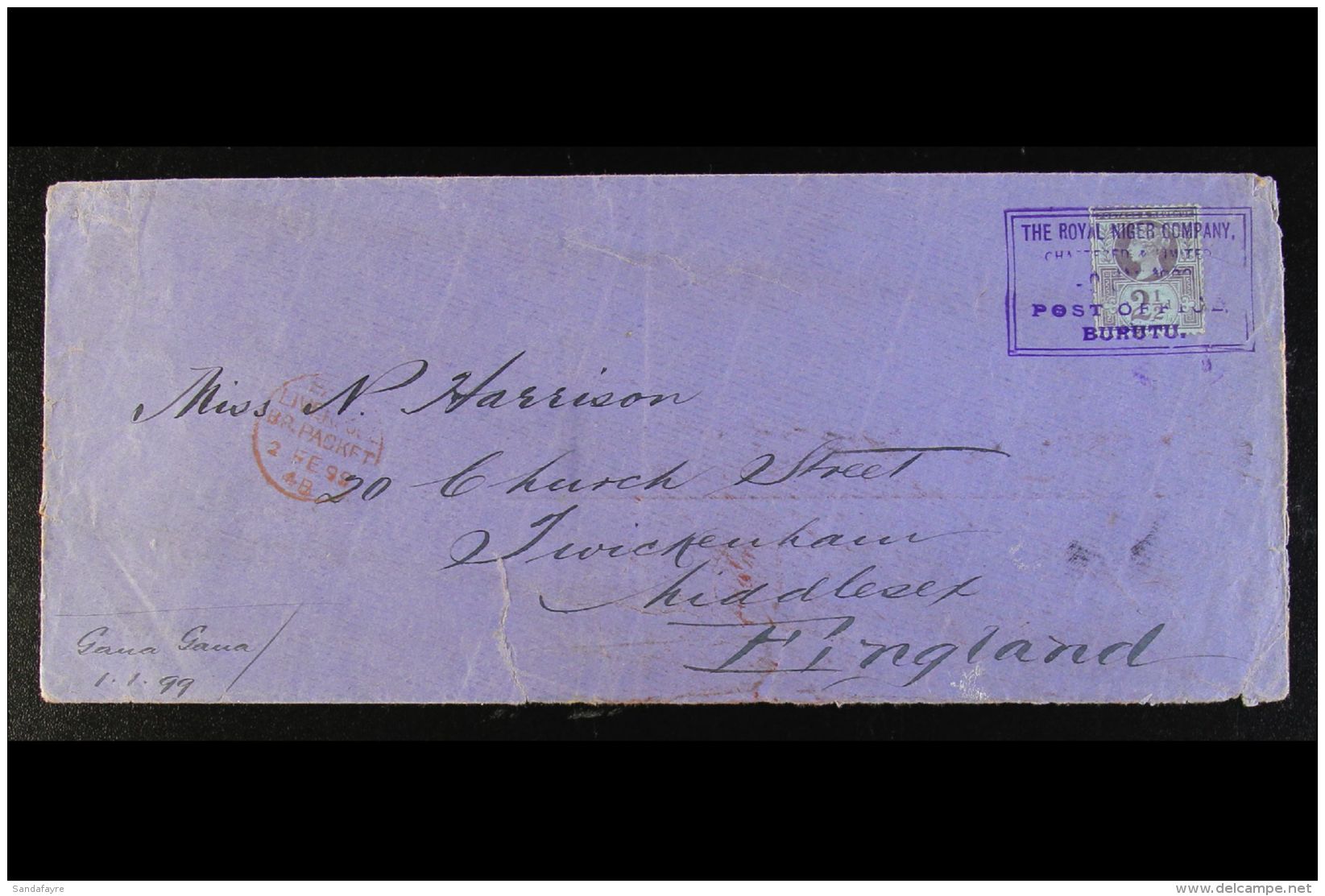 NIGER COMPANY TERRITORIES BURUTU 1899 (Jan) Legal Size Envelope To England, Bearing 2&frac12;d Purple And Blue... - Andere & Zonder Classificatie