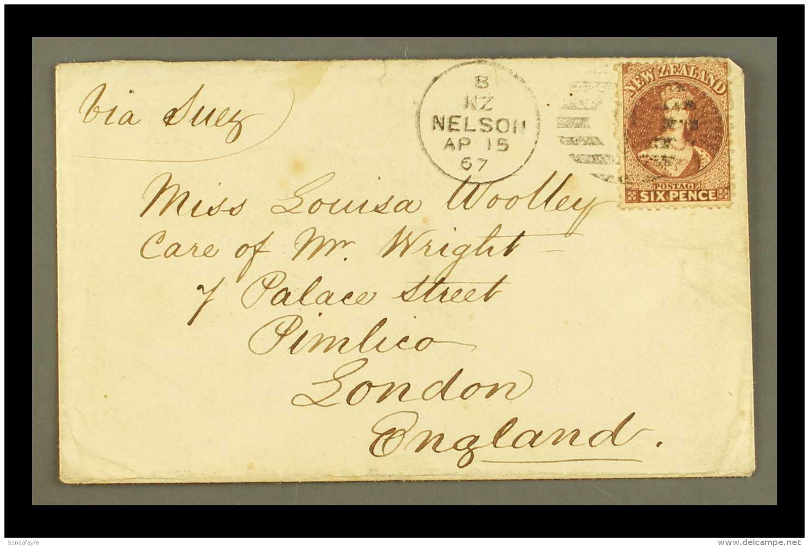 1867 (15 Apr) Env From Nelson To London Bearing 1864-71 6d Red-brown, SG 122, Tied By Fine "NZ / NELSON" Duplex,... - Autres & Non Classés