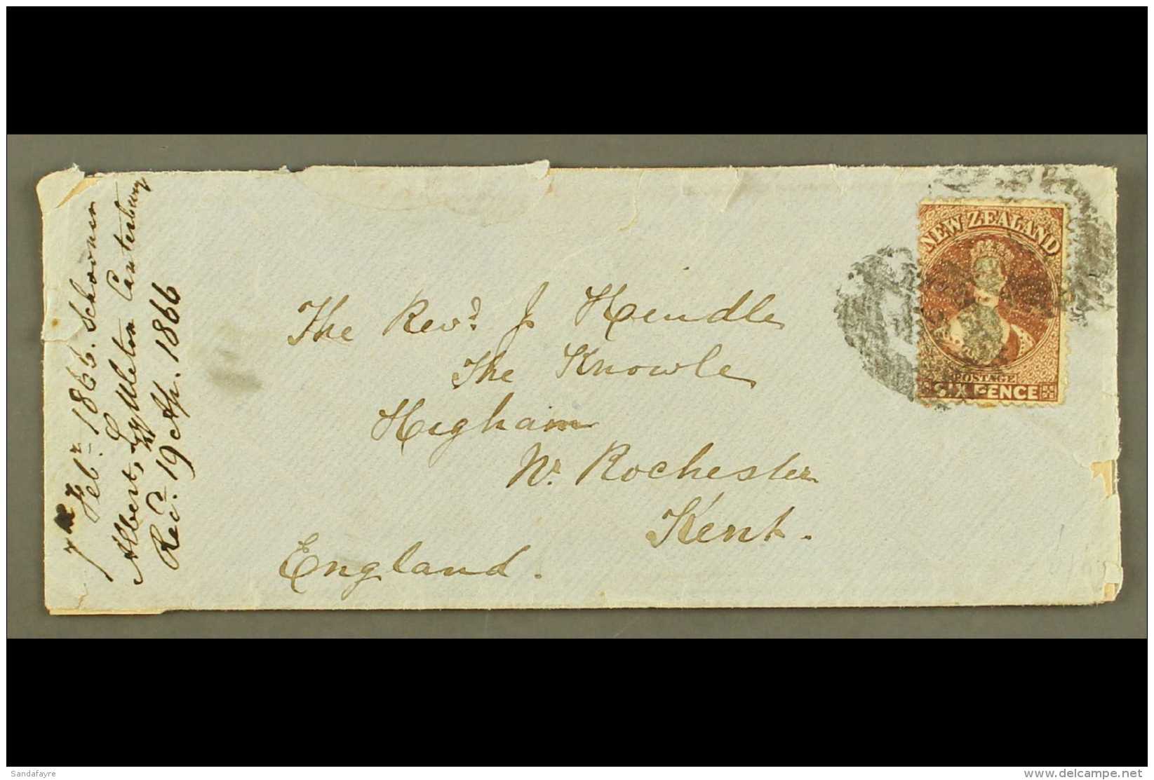 1866 (7 Feb) Env To Kent, England Bearing 1864-71 6d Red-brown, SG 122, Tied By Indistinct Cancels, On The Back... - Andere & Zonder Classificatie