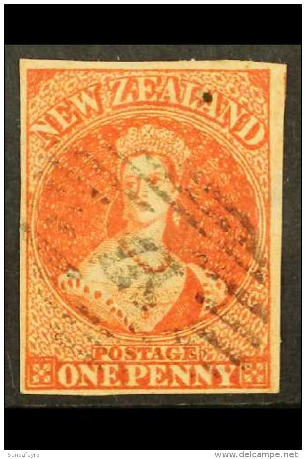 1864 1d Carmine- Vermilion Imperf, Wmk "NZ", SG 97, Used With 4 Margins &amp; Light "17" Numeral Pmk, Thin Patch.... - Andere & Zonder Classificatie