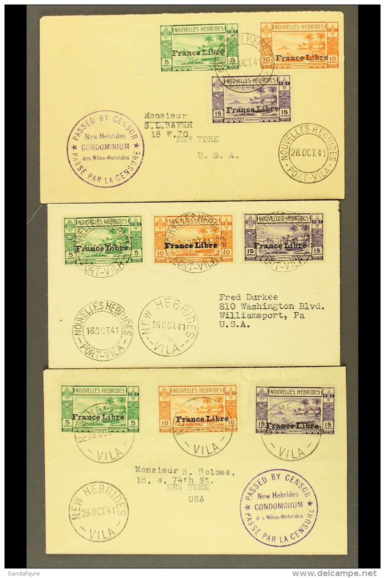 FRENCH 1941 Three Censored Covers Addressed To USA, Each Bearing 1941 5c, 10c &amp; 15c "France Libre" Overprints... - Autres & Non Classés