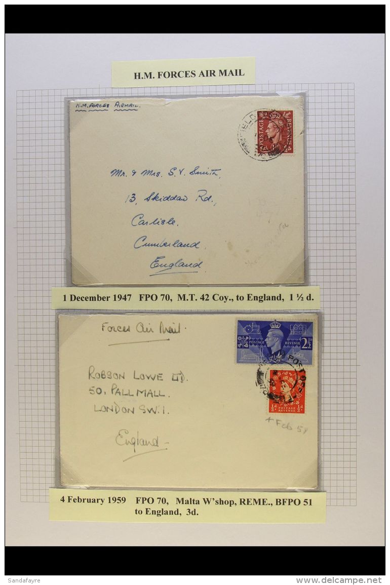 H.M. FORCES AIR MAIL 1947 And 1959 Covers To England Bearing Stamps Tied By FPO Cancels. (2 Covers) For More... - Malte (...-1964)