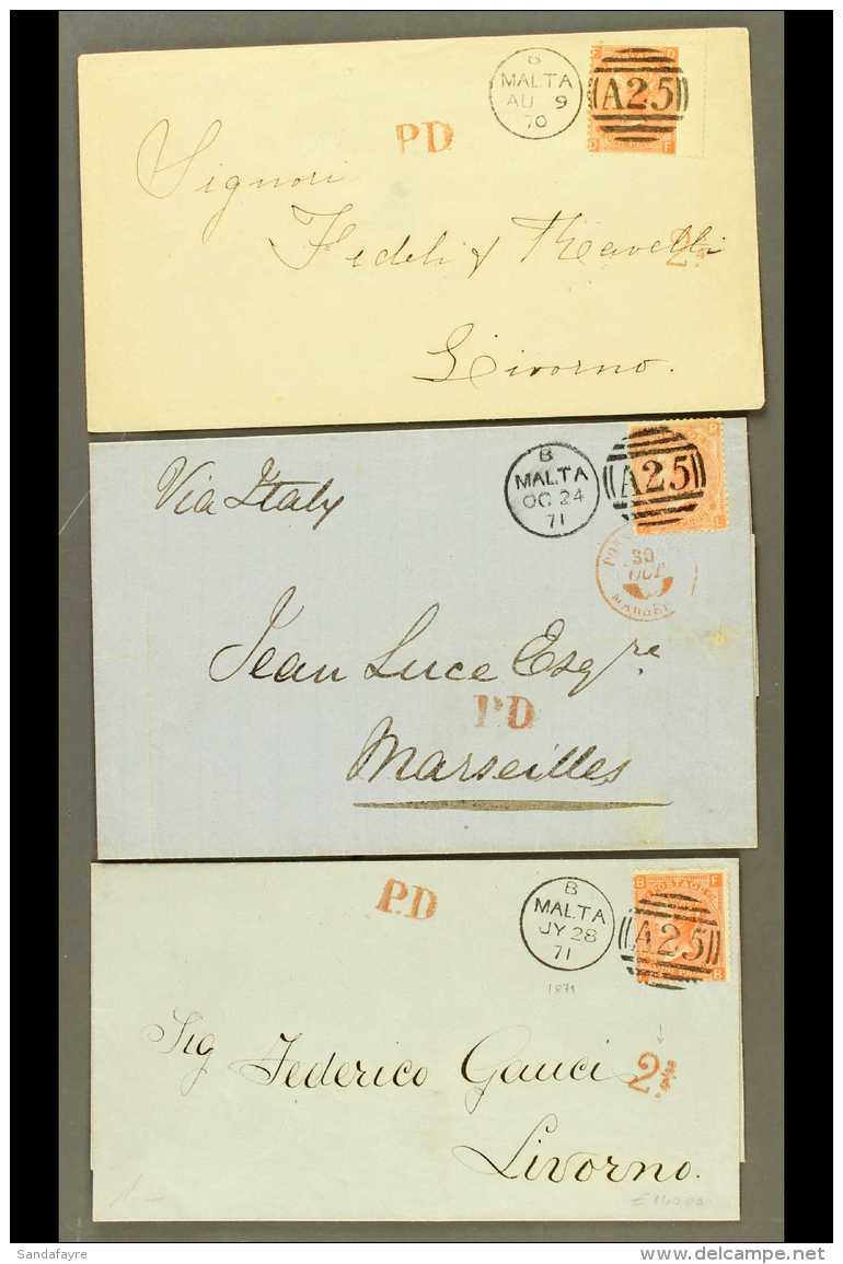 1870-71 GB USED IN 4d Vermilion Plate 12, SG Z49, Three Attractive Envelopes To Livorno Or Marseilles, Each With... - Malta (...-1964)