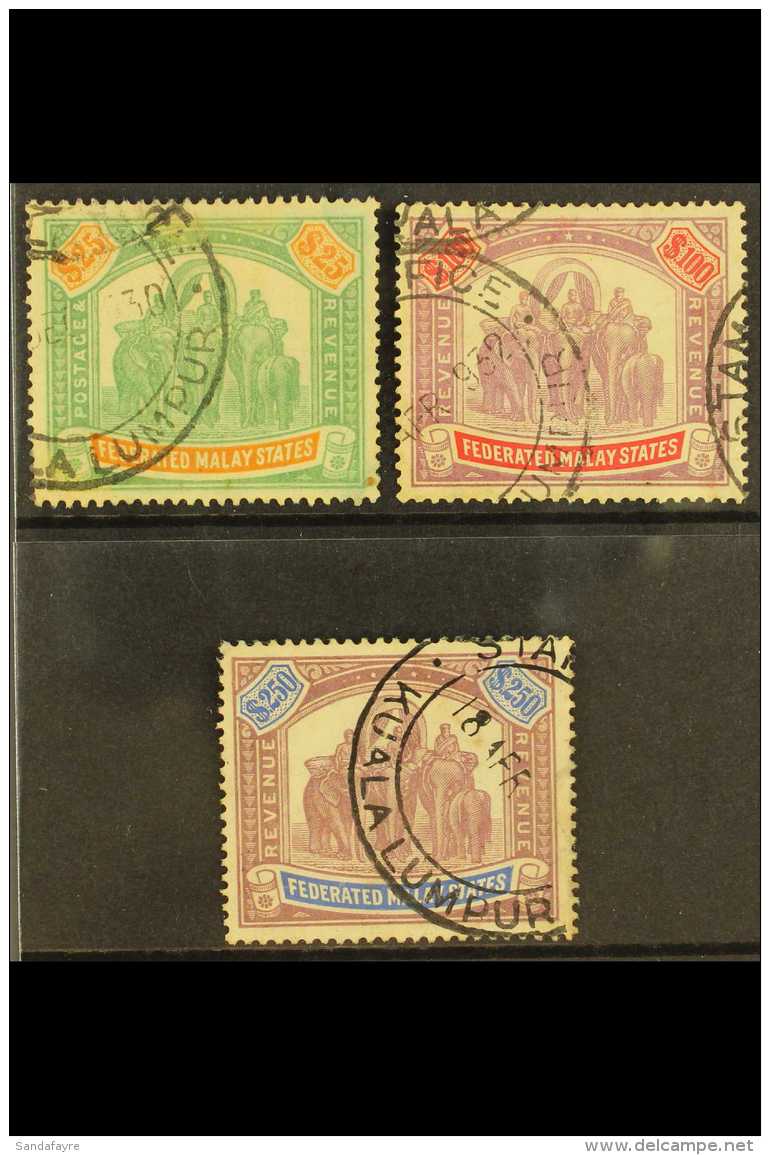 FEDERATED STATES 1922 -34 $25, $100 And $250 Revenues With Neat Fiscal Cancels, Barefoot 6/8, Very Fine Used.... - Otros & Sin Clasificación