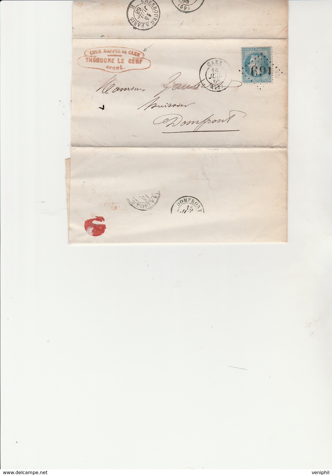 LETTRE AFFRANCHIE N°29 A LOSANGE GROS CHIFFRES CAD CAEN 14 JUILLET 1868 - 1863-1870 Napoleone III Con Gli Allori