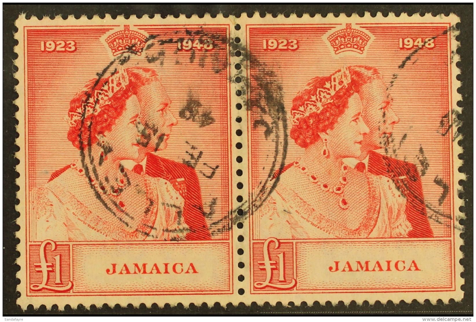 1948 &pound;1 Scarlet "Silver Wedding", SG 144, Fine Used Pair With Complete "Alley" Dated Cds. Attractive (1... - Jamaica (...-1961)