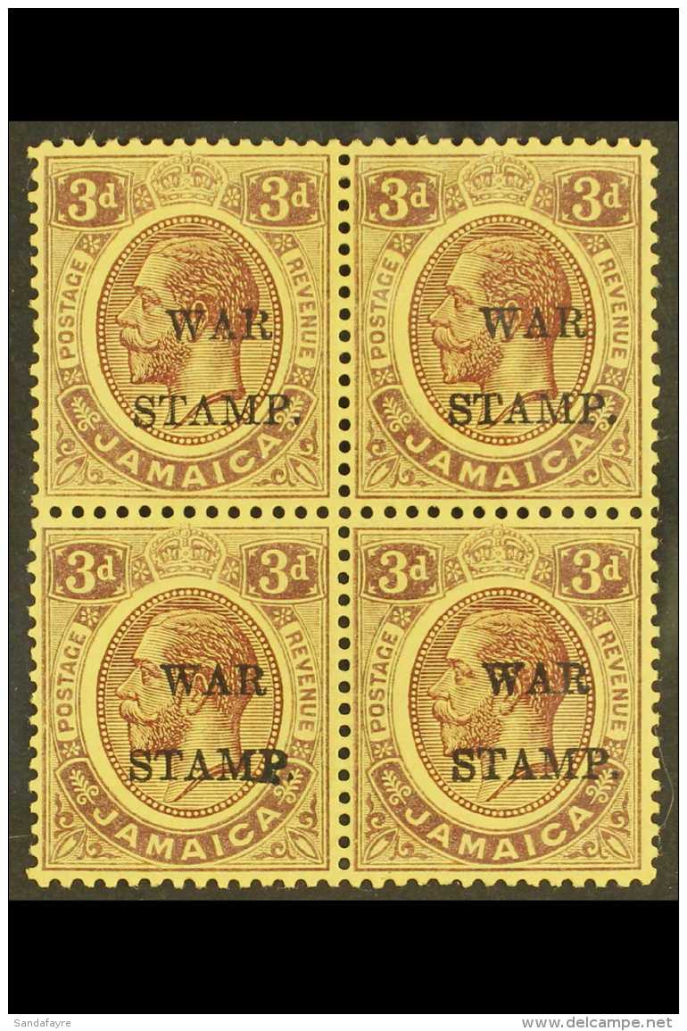 1917 3d Purple On Yellow, "War Stamp", Block Of 4 One Showing The Variety "Stop Inserted And P Impressed A Second... - Jamaïque (...-1961)