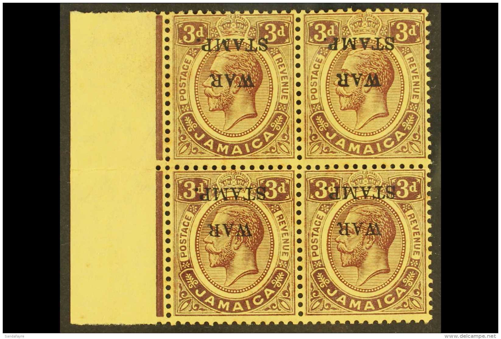 1917 3d Purple On Yellow, "War Stamp" Marginal Block Of 4, Variety "Ovpt Inverted", SG 75c, Couple Of Tone Spots... - Jamaica (...-1961)