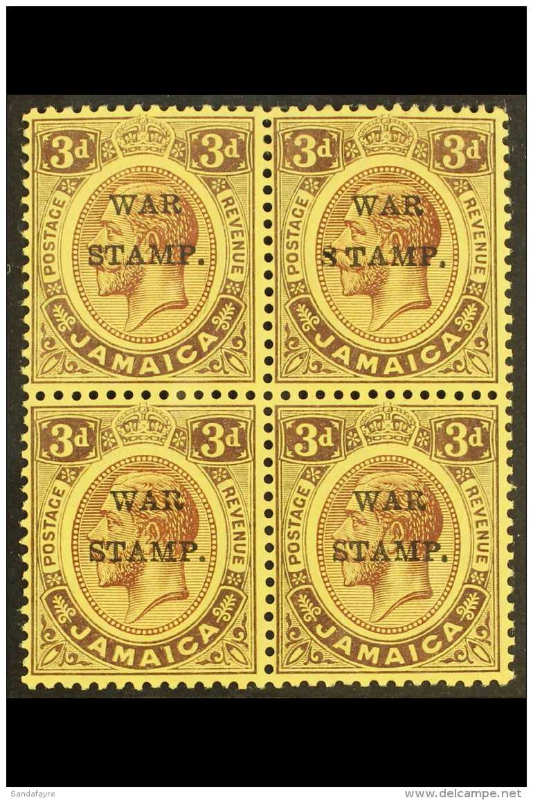 1916 3d Purple On Lemon, "War Stamp", Mint Block Of 4 One Showing Variety "S Inserted By Hand", SG 72/72c, Superb... - Jamaica (...-1961)