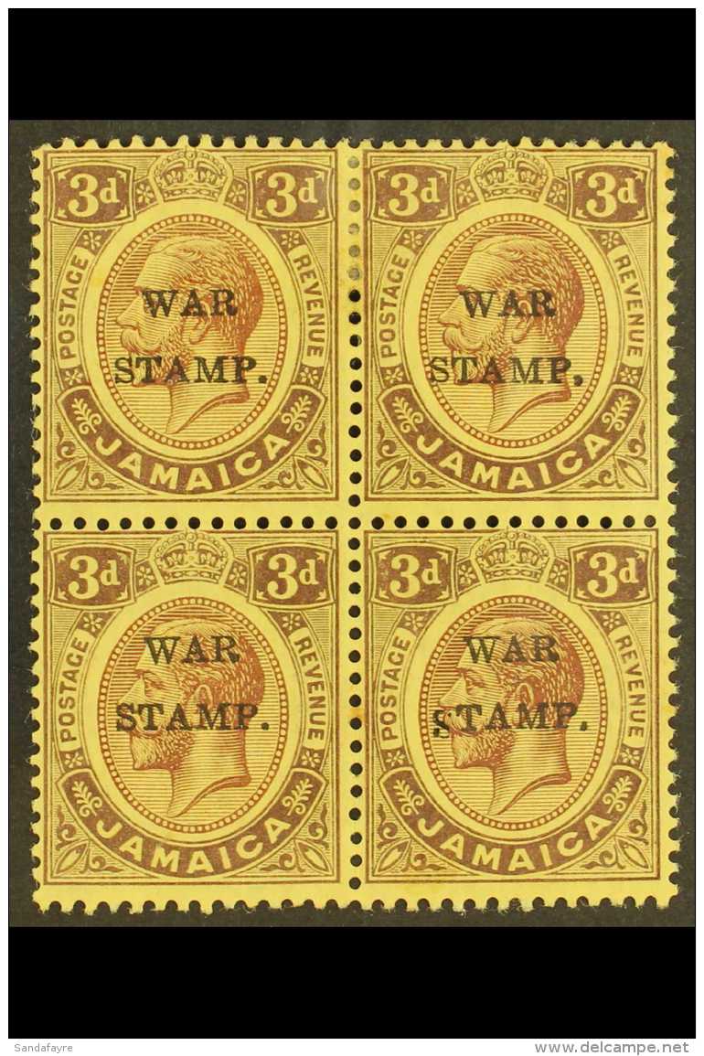 1916 3d Purple On Lemon, "War Stamp" Mint Block Of 4 One Showing Variety "S Inserted By Hand", SG 72/72c, Tone... - Jamaïque (...-1961)