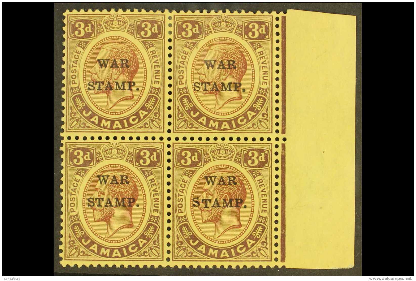 1916 3d Purple On Lemon Ovptd "War Stamp", Marginal Mint Block Of 4 One Showing Variety "S Inserted By Hand", SG... - Jamaica (...-1961)