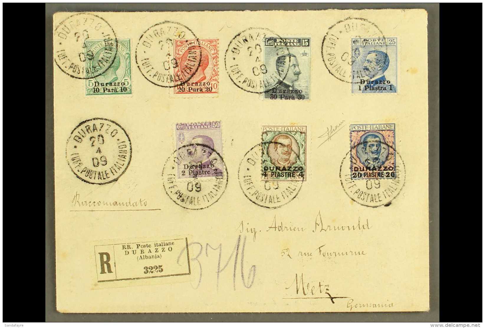 POST OFFICES IN TURKISH EMPIRE DURAZZO - 1909 Registered Cover Franked With All The Values From 10pa On 5c To 20pi... - Andere & Zonder Classificatie