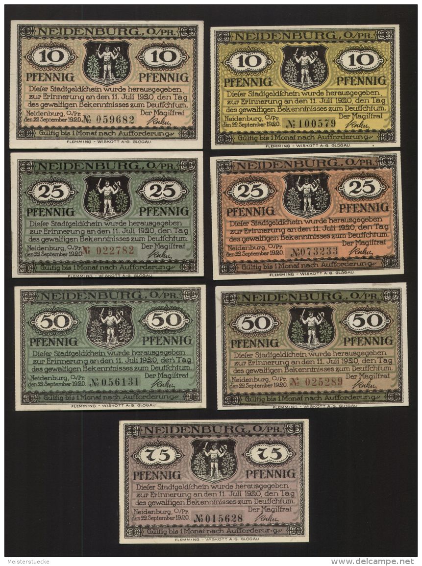 Notgeld - Neidenburg, Ostpreussen - Je 2 X 10 Pf., 25 Pf., + 50 Pf. + 1 X 75 Pf. Geldschein - 22.9.1920 - Lokale Ausgaben