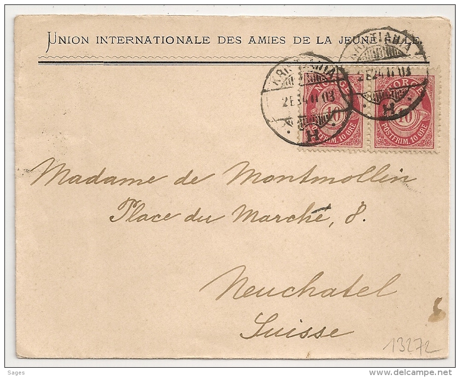 KRISTIANA TO NEUCHATEL. UNION INTERNATIONALE DES AMIES DE LA JEUNE FILLE. NORWAY. NORGE. - Lettres & Documents