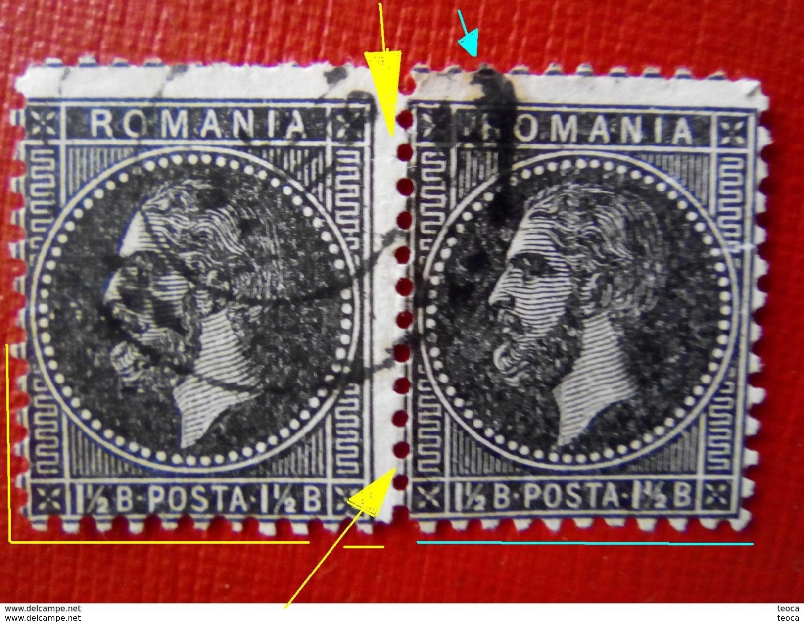 Stampe ERROR ROMANIA 1872-90, Carol I, Printed WITHOUT Line Border, ERROR  PERFORATION MISPLACED IMAGE Pairx2 - Errors, Freaks & Oddities (EFO)