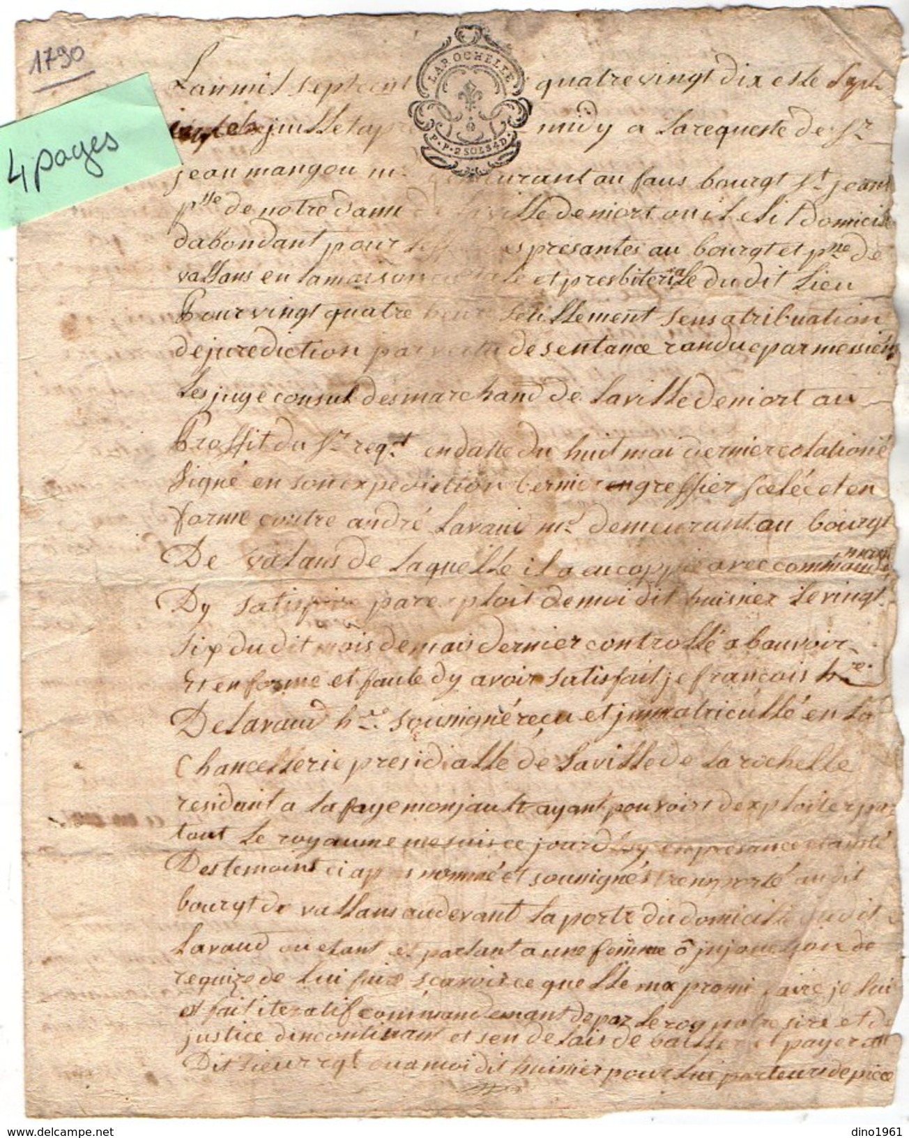 VP10.255 - Cachet De Généralité De LA ROCHELLE - Acte De 1790 - Ville De NIORT - Cachets Généralité