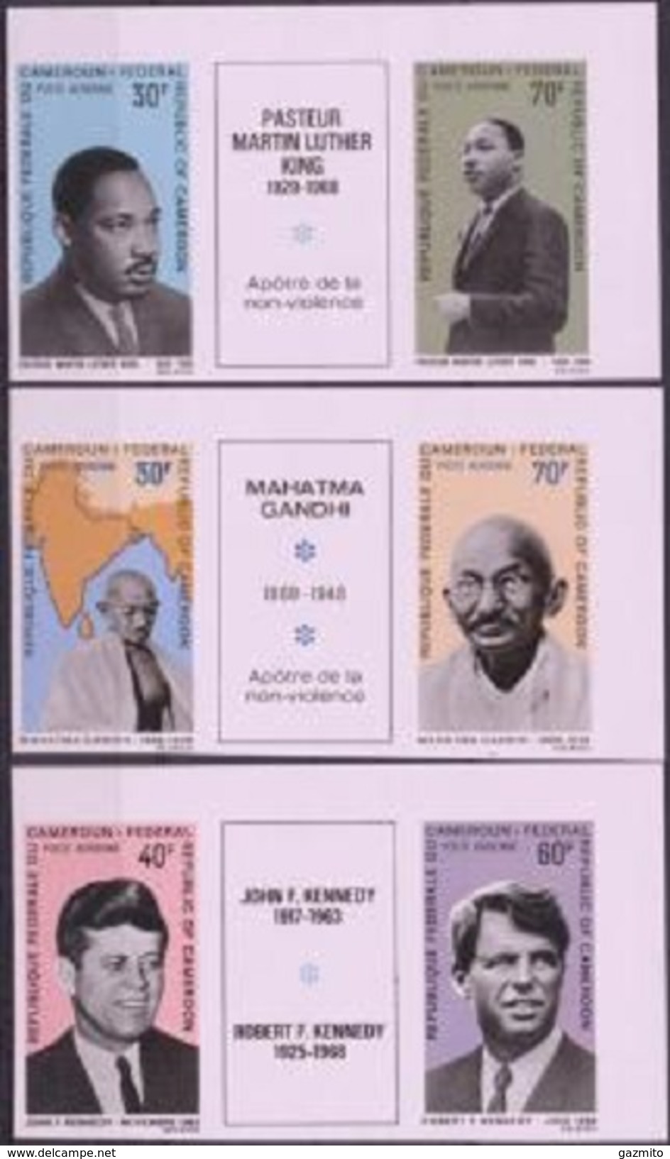 Cameroun 1969, Kenney, Gandhi, M.L.K., 6val Corner IMPERFORATED - Martin Luther King