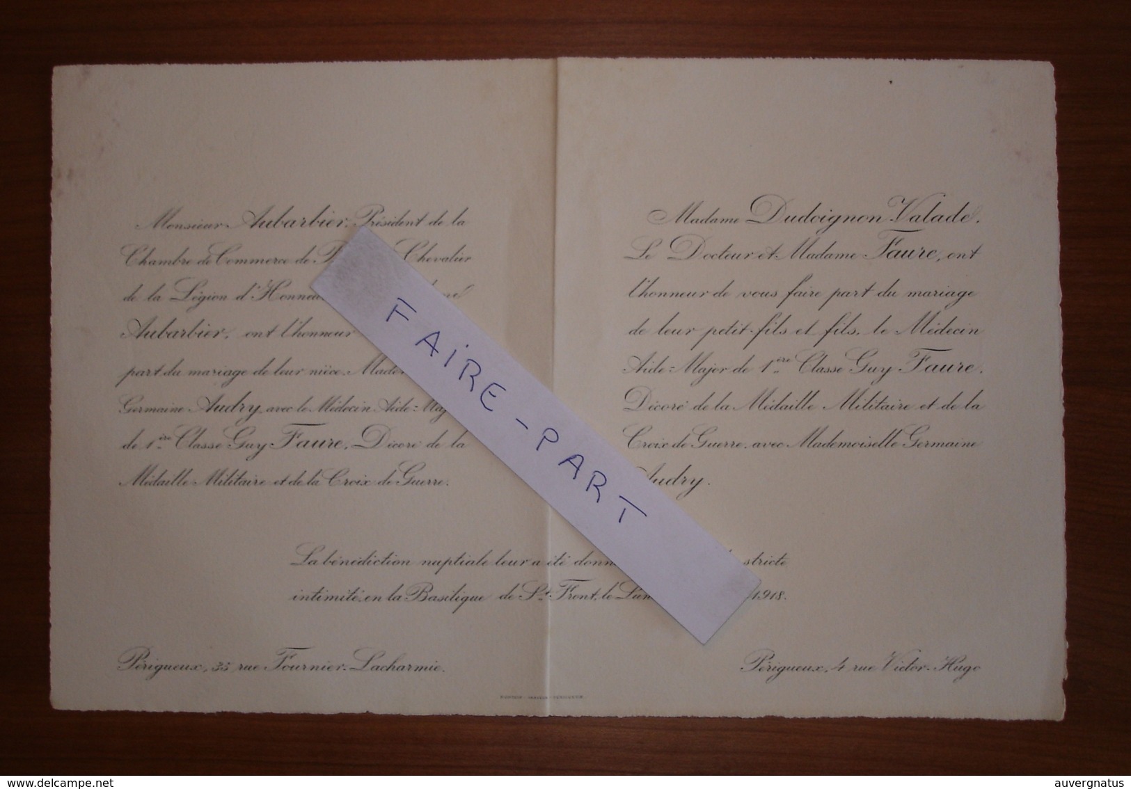 FAIRE-PART MARIAGE 1918 FAURE # AUDRY DUDOIGNON-VALADE AUBARBIER Périgueux Dordogne Périgord Généalogie - Mariage