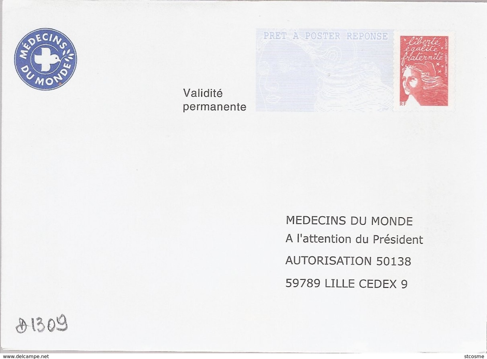 D1309 Entier / Stationery / PSE - PAP Réponse Luquet : Médecins Du Monde -agrément N° 0307376 - Listos Para Enviar: Respuesta /Luquet