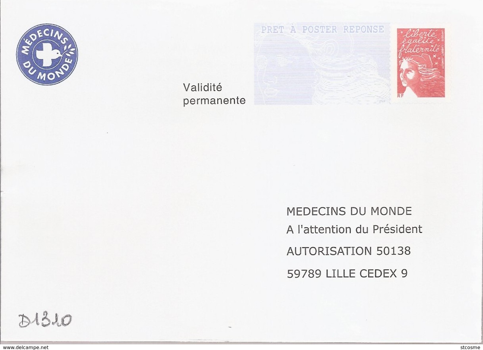 D1310 Entier / Stationery / PSE - PAP Réponse Luquet : Médecins Du Monde -agrément N° 0307353 - Prêts-à-poster:Answer/Luquet