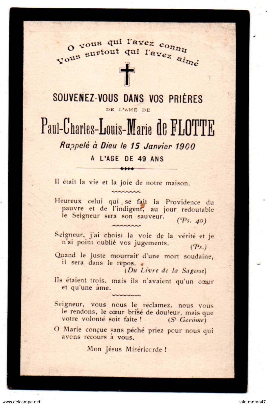 SOUVENEZ-VOUS DE L'ÂME DEPAUL-CHARLES-LOUIS-MARIE DE FLOTTE Rapelé à Dieu Le 15/01/1900 - Réf. N°3109 - - Décès