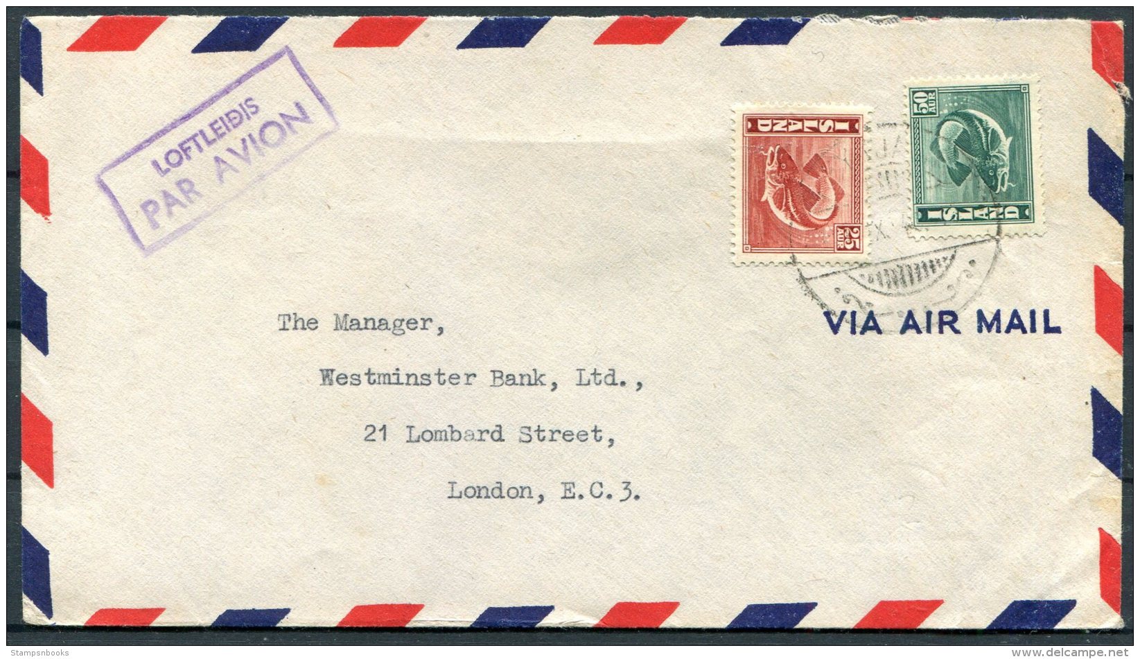 1940s Iceland Airmail Cover - Westminster Bank, London - Airmail