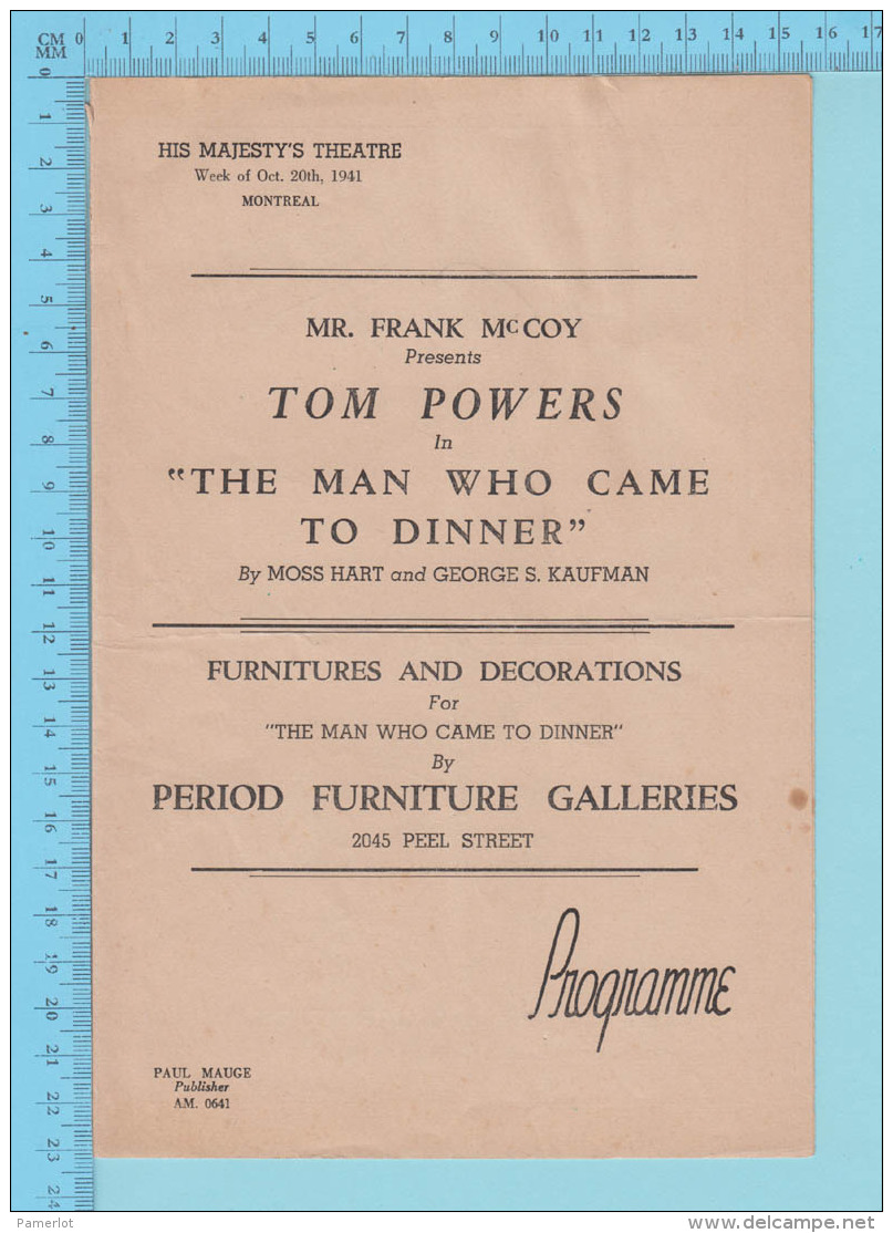 Montreal Quebec - His Majesty's Theatre  Programme October 1941 - 5 Pages " Tom Powers 4 Scans - Programmi