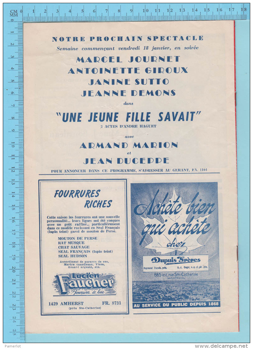 Roger Garceau Montreal Quebec - Théatre Arcade   Programme October 1946 - 8 Pages " Dans Teddy And Partner" 3 Scans - Programmes