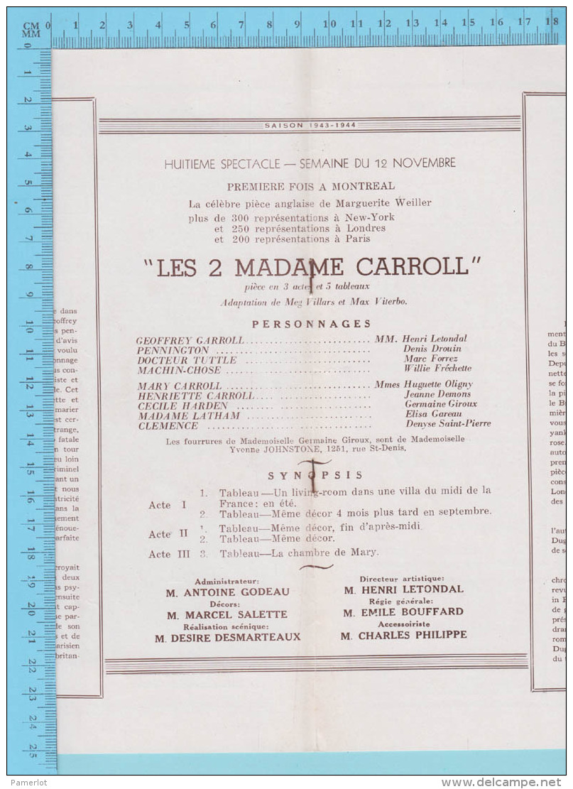 Mlle Huguette Oligny Montreal Quebec - Théatre Arcade Programme October 1946 - 8 Pages "les Deux Madame Carroll" 3 Scan - Programs