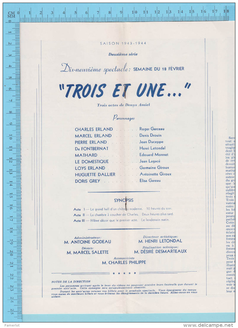 Comedien Roger Garceau Montreal Quebec - Theatre Arcade - "Trois Et Une"  Fevrier 1944 - 8 Pages 3 Scans - Programma's