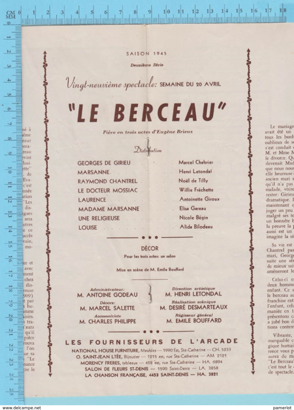 Comedien M. Marcel Chabrier Montreal Quebec  - Theatre Arcade - " Le Berceau"  Avril 1945 - 8 Pages 3 Scans - Programmes