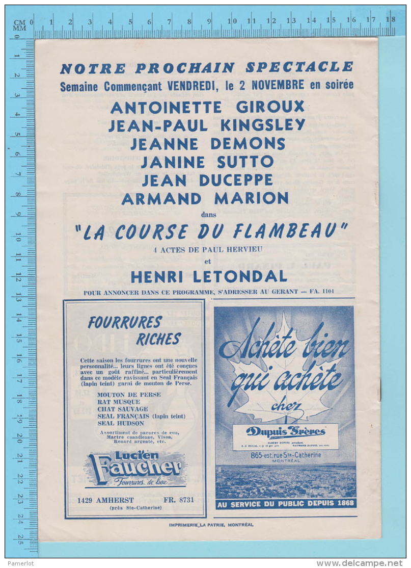 Comedien Mlle Huguette Oligny Montreal Quebec - Theatre Arcade - " La Femme En Blanc "  Octobre 1945 - 8 Pages 3 Scans - Programmes