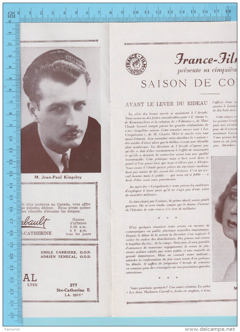 Comedien Marcel Chabrier Montreal Quebec - Theatre Arcade - " Les Conquerants" Novembre 1943 - 8 Pages, 3 Scans - Programmes