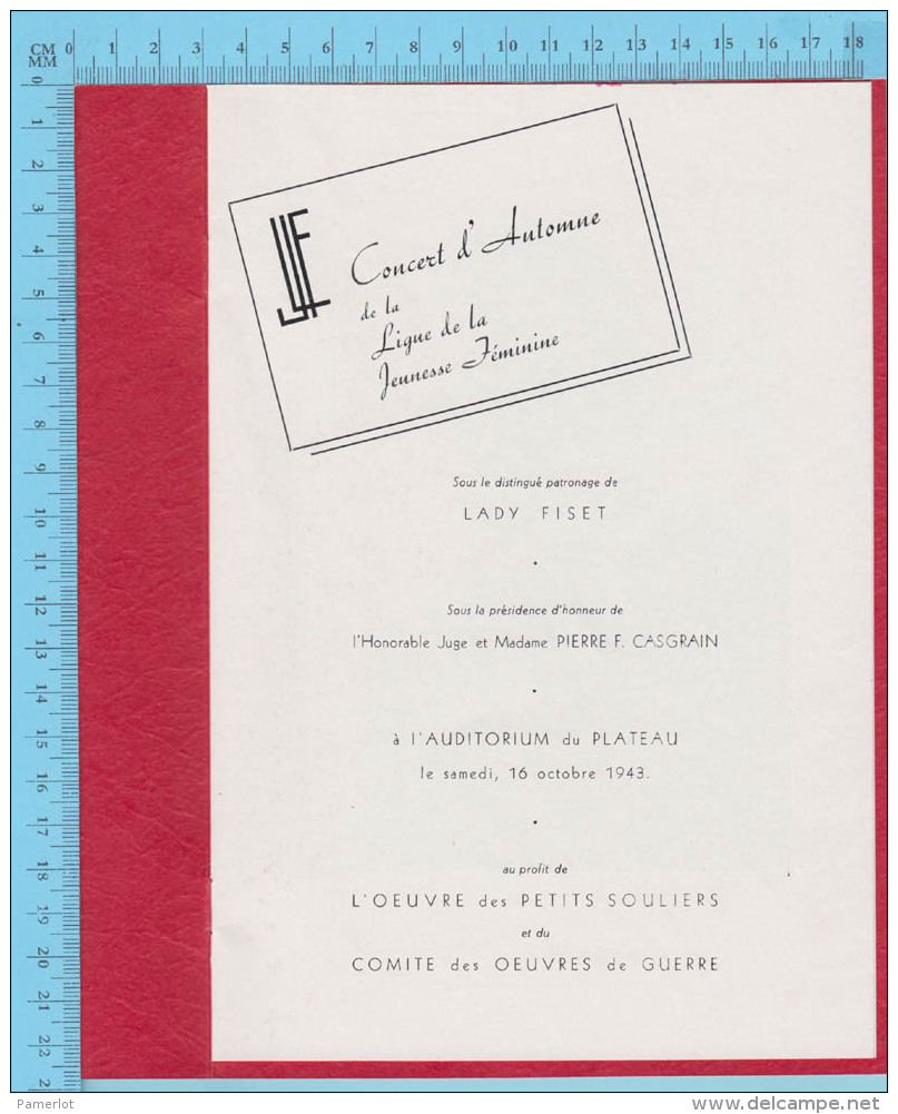 Montreal Quebec - Ligue De La Jeunesse Feminine -Concert D'Hautomne 3 Grand Artiste - 16 Oct 1943 - 6 Scans - Programmes