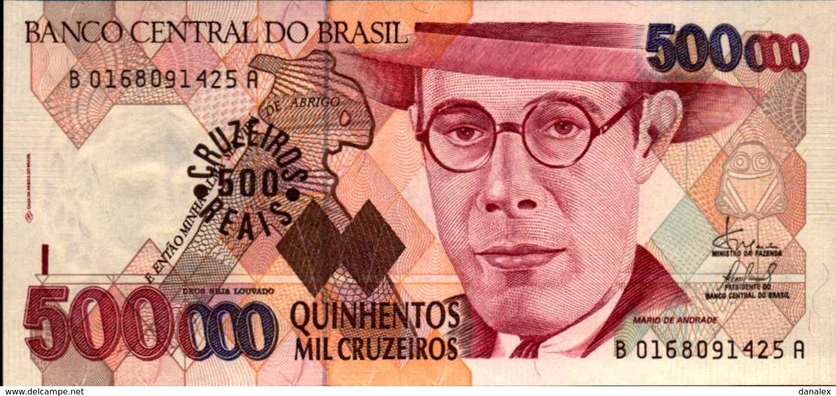 BRESIL 500 CRUZEIROS REAIS SUR 500000 CRUZEIROS De 1993nd  Pick 239b UNC/NEUF - Brésil