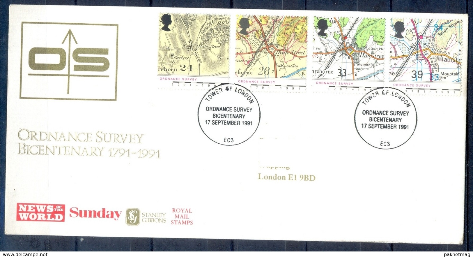 J381- Great Britain U.K UK England 1991. FDC. Map. Ordnance Survey Bicentenary 1791-1991. - Other & Unclassified